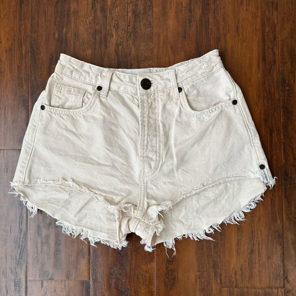 ONETEASPOON 2" Frayed Button-Fly Jean Shorts in Ivory - Picture 1 of 7